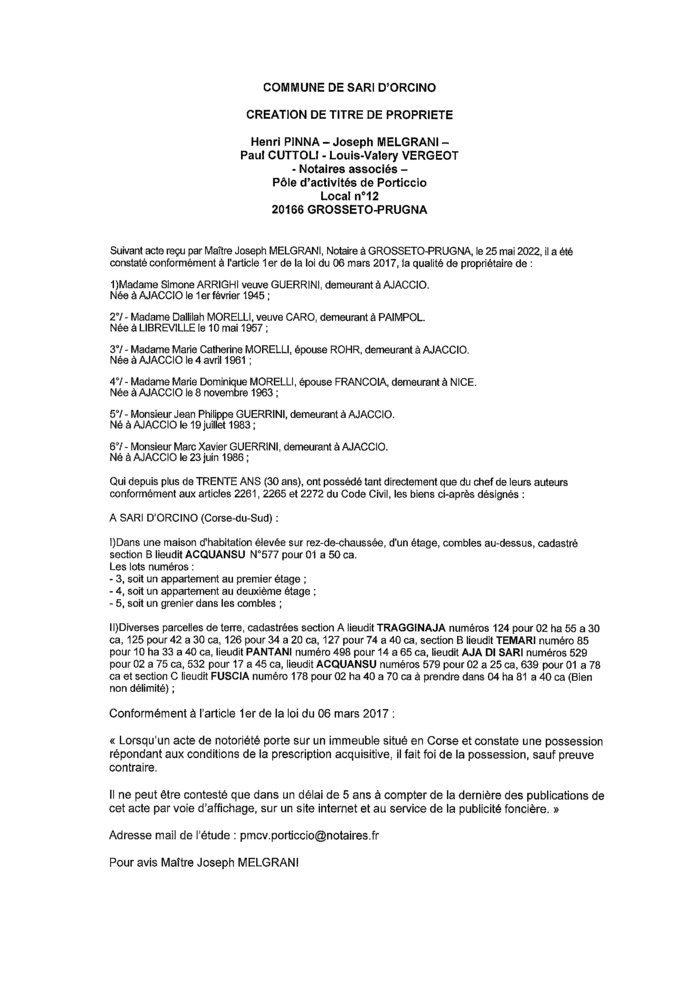 Avis de création de titre de propriété -Commune de Sari d'Orcino (Corse-du-Sud) 