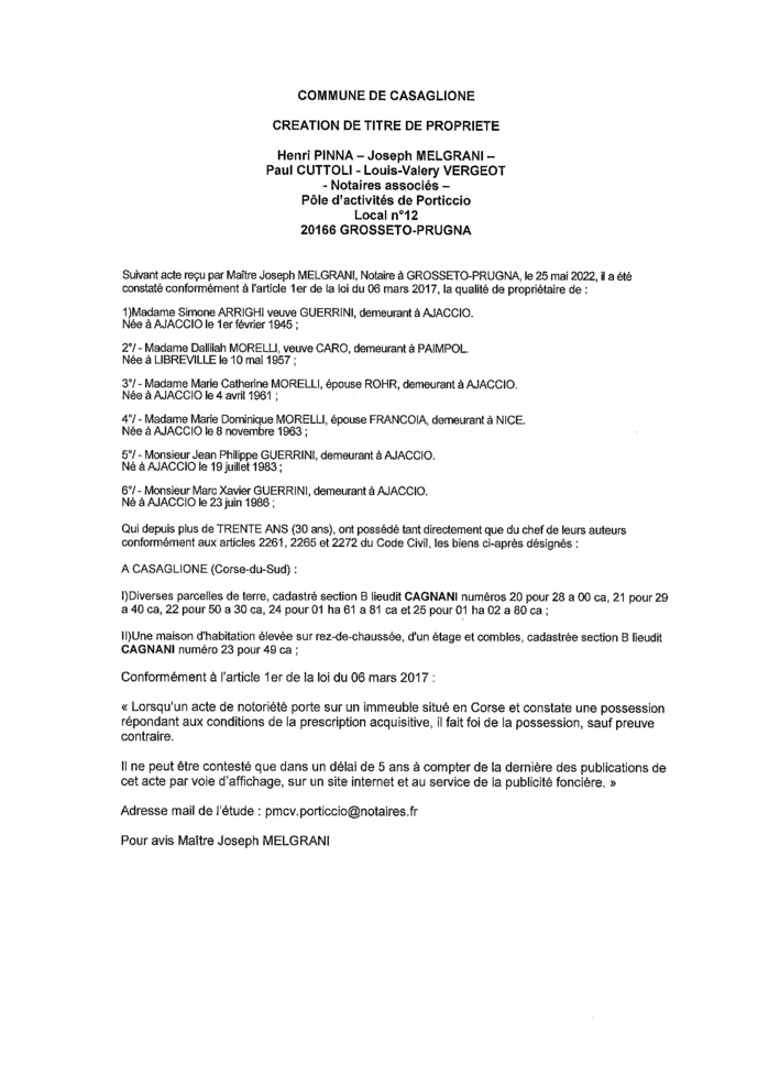 Avis de création de titre de propriété -Commune de Casaglione (Corse-du-Sud) 