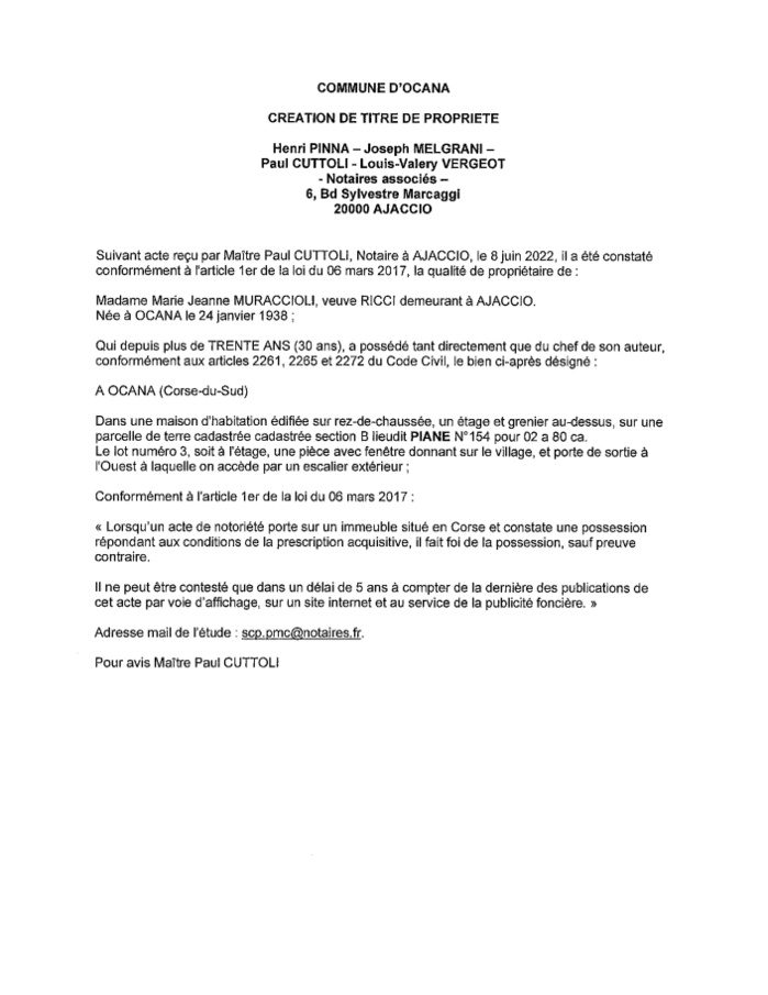 Avis de création de titre de propriété -Commune d'Ocana (Corse-du-Sud) 