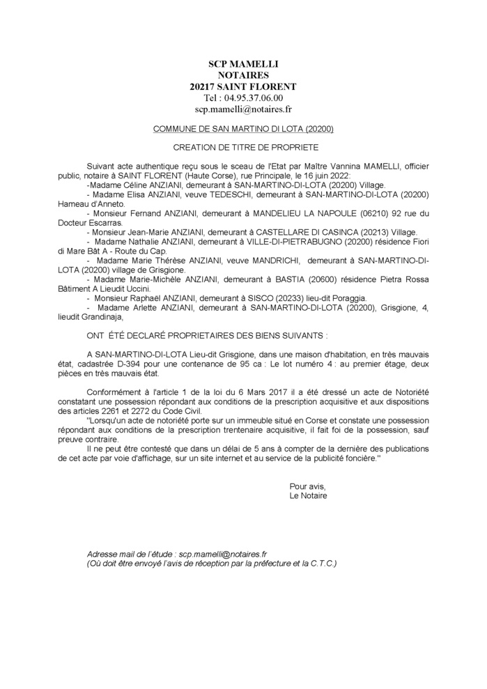 Avis de création de titre de propriété -Commune de San-Martino-di-Lota (Haute-Corse) 