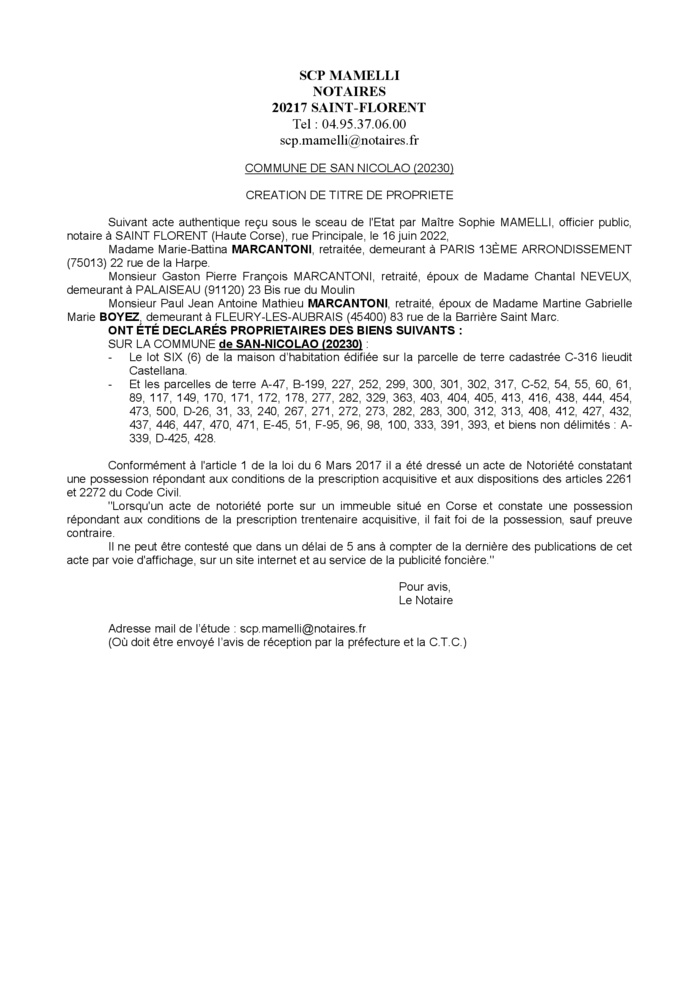 Avis de création de titre de propriété -Commune de San Nicolao (Haute-Corse) Avis de création de titre de propriété -Commune de San Nicolao (Haute-Corse)