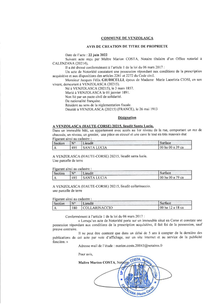 Avis de création de titre de propriété -Commune de Venzolasca (Haute-Corse) 