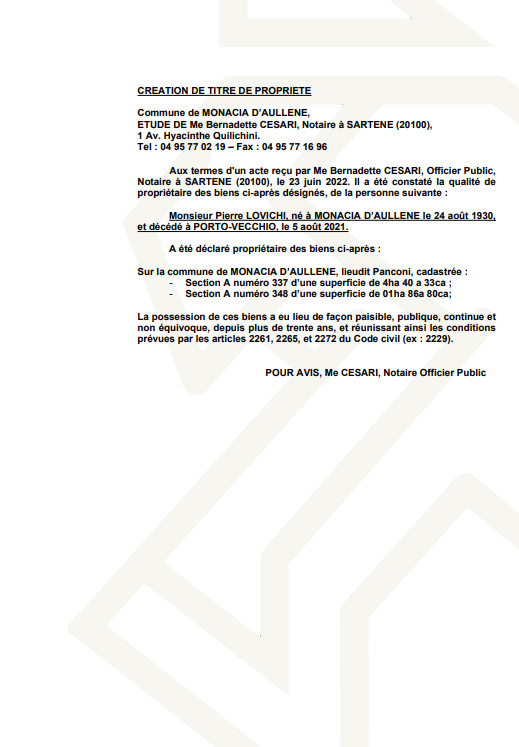 Avis de création de titre de propriété -Commune de Monaccia d'Aullene (Corse-du-Sud) Avis de création de titre de propriété -Commune de Monaccia d'Aullene (Corse-du-Sud)