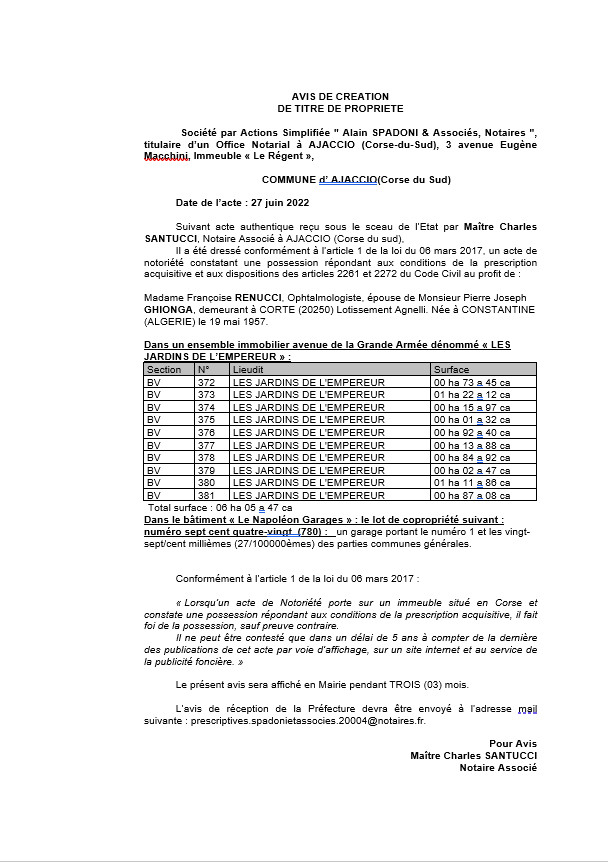 Avis de création de titre de propriété -Commune d'Ajaccio (Corse-du-Sud) 