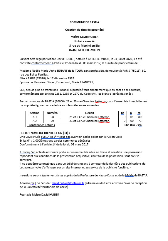  Avis de création de titre de propriété -Commune de Bastia (Haute-Corse) 