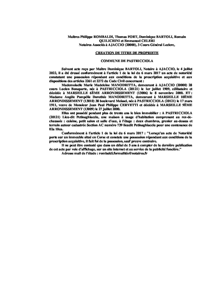 Avis de création de titre de propriété -Commune de Pastricciola (Corse-du-Sud) 