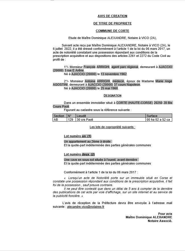 Avis de création de titre de propriété -Commune de Corte (Haute-Corse) 