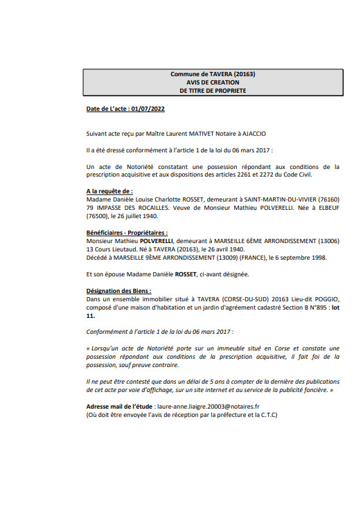 Avis de création de titre de propriété -Commune de Tavera (Corse-du-Sud) Avis de création de titre de propriété -Commune de Tavera (Corse-du-Sud)