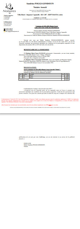  Avis de création de titre de propriété -Commune de Solaro (Corse-du-Sud) 