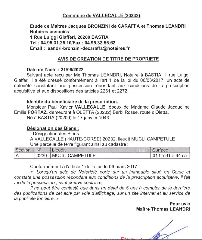 Avis de création de titre de propriété - Commune de Vallecalle (Haute-Corse) 