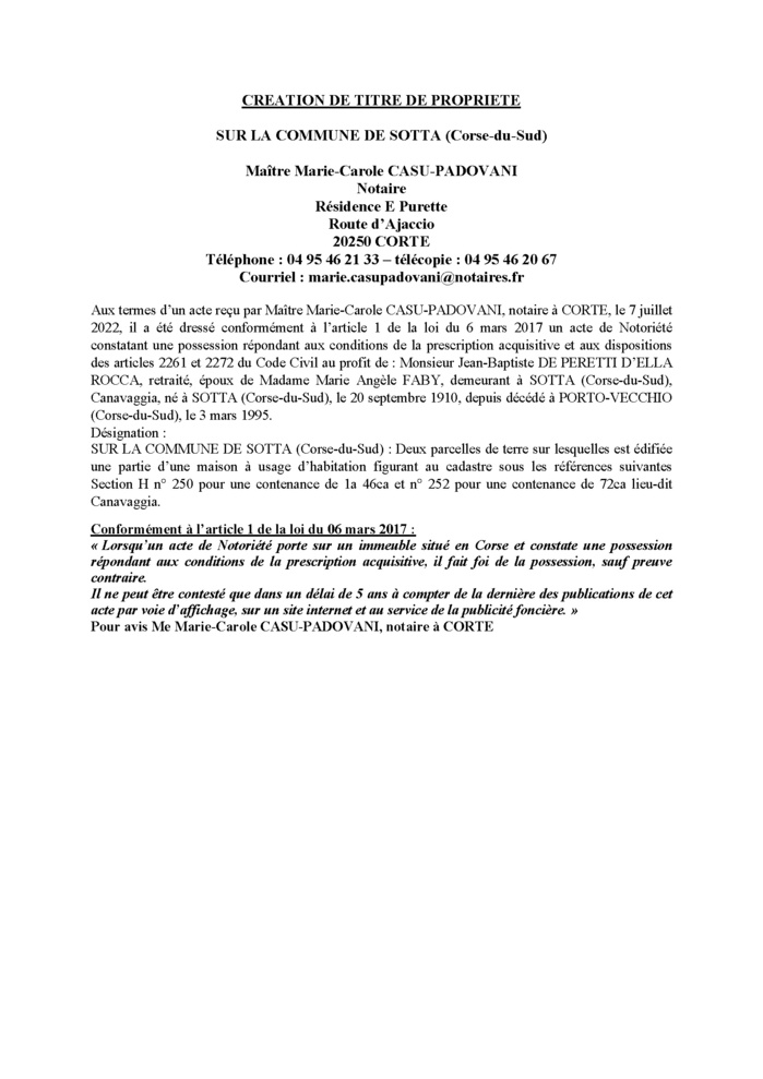 Avis de création de titre de propriété -Commune de Sotta (Corse-du-Sud) 