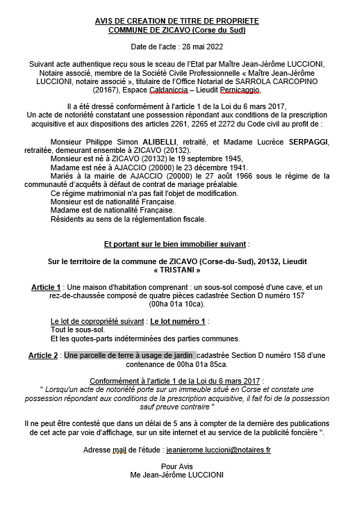 Avis de création de titre de propriété - Commune de Zicavo (Corse du Sud) Avis de création de titre de propriété - Commune de Zicavo (Corse du Sud)