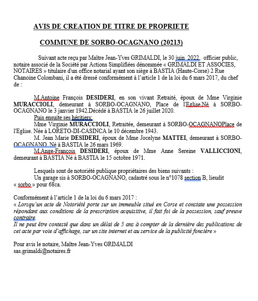 Avis de création de titre de propriété - Commune de Sorbo-Ocagnano (Haute-Corse) Avis de création de titre de propriété - Commune de Sorbo-Ocagnano (Haute-Corse)