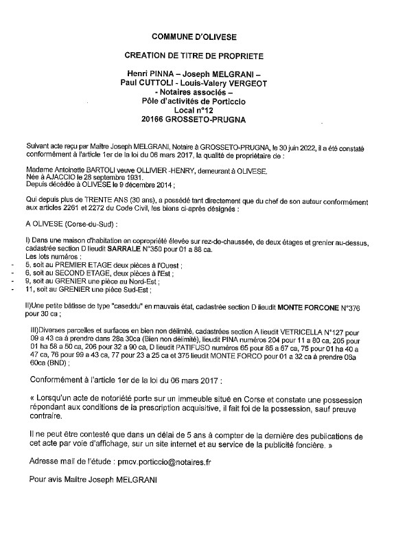 Avis de création de titre de propriété - Commune d'Olivese (Corse du sud) Avis de création de titre de propriété - Commune d'Olivese (Corse du sud)