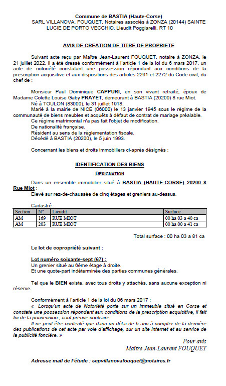 Avis de création de titre de propriété - Commune de Bastia (Haute Corse)