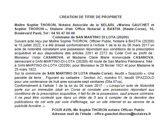Avis de création de titre de propriété - Commune de San Martino di Lota (Haute Corse) Avis de création de titre de propriété - Commune de San Martino di Lota (Haute Corse)