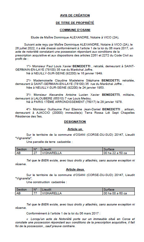 Avis de création de titre de propriété - Commune d'Osani (Corse du sud)