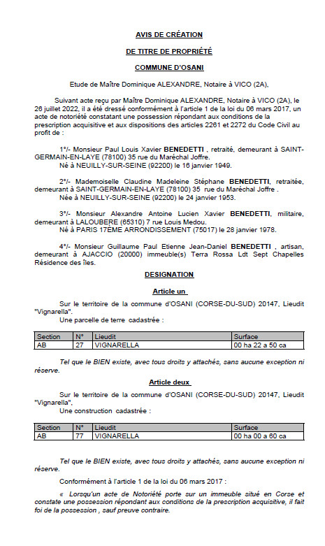 Avis de création de titre de propriété - Commune d'Osani (Corse du sud) Avis de création de titre de propriété - Commune d'Osani (Corse du sud)