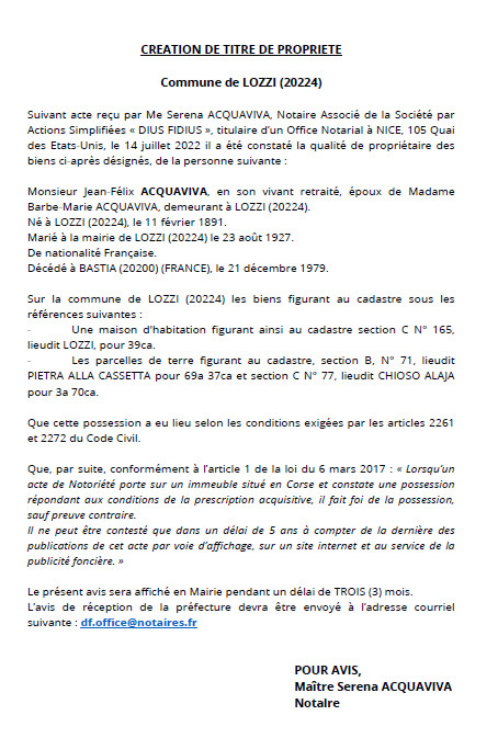 Avis de création de titre de propriété - Commune de Lozzi (Haute Corse) Avis de création de titre de propriété - Commune de Lozzi (Haute Corse)