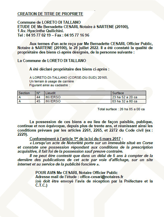 Avis de création de titre de propriété - Commune de Loreto di Tallano (Corse du Sud) Avis de création de titre de propriété - Commune de Loreto di Tallano (Corse du Sud)