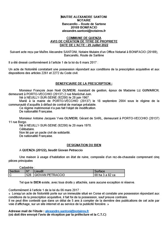 Avis de création de titre de propriété - Commune de Quenza (Corse-du-sud)