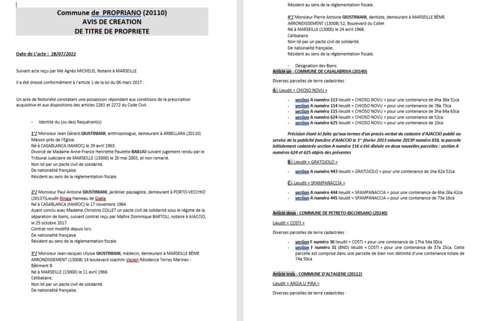 Avis de création de titre de propriété - Commune de Propriano (Corse-du-sud)