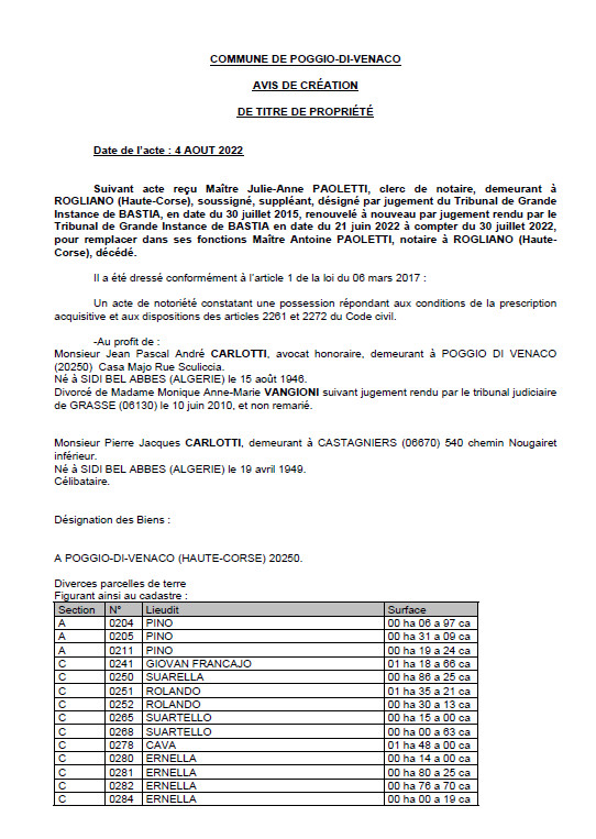 Avis de création de titre de propriété - Commune de Poggio-di-Venaco (Haute-Corse)