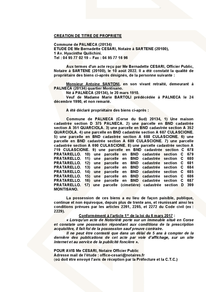 Avis de création de titre de propriété - Commune de Palneca (Corse-du-Sud)