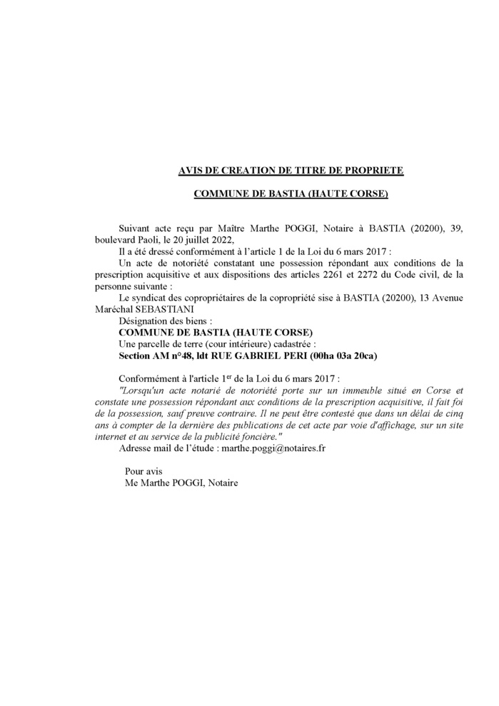 Avis de création de titre de propriété - Commune de Bastia (Haute-Corse)
