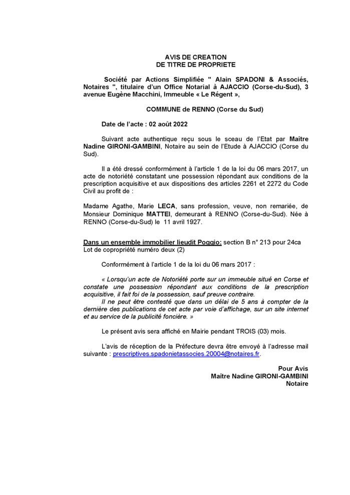 Avis de création de titre de propriété - Commune de Renno (Corse-du-Sud) Avis de création de titre de propriété - Commune de Renno (Corse-du-Sud)