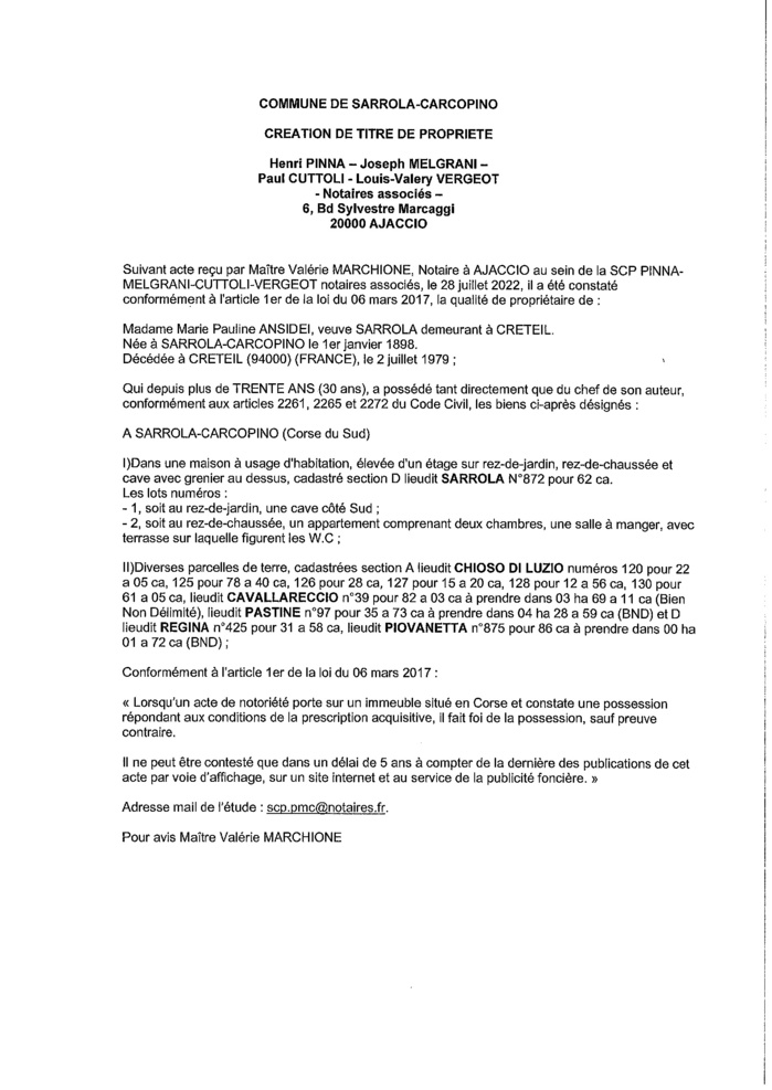 Avis de création de titre de propriété - Commune de Sarrola-Carcopino (Corse-du-Sud)