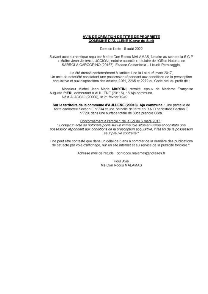 Avis de création de titre de propriété - Commune d'Aullène (Corse-du-Sud) Avis de création de titre de propriété - Commune d'Aullène (Corse-du-Sud)