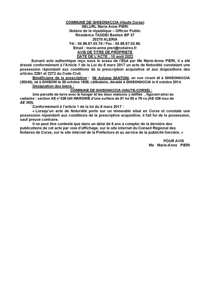 Avis de création de titre de propriété - Commune de Ghisonaccia (Haute-Corse) Avis de création de titre de propriété - Commune de Ghisonaccia (Haute-Corse)