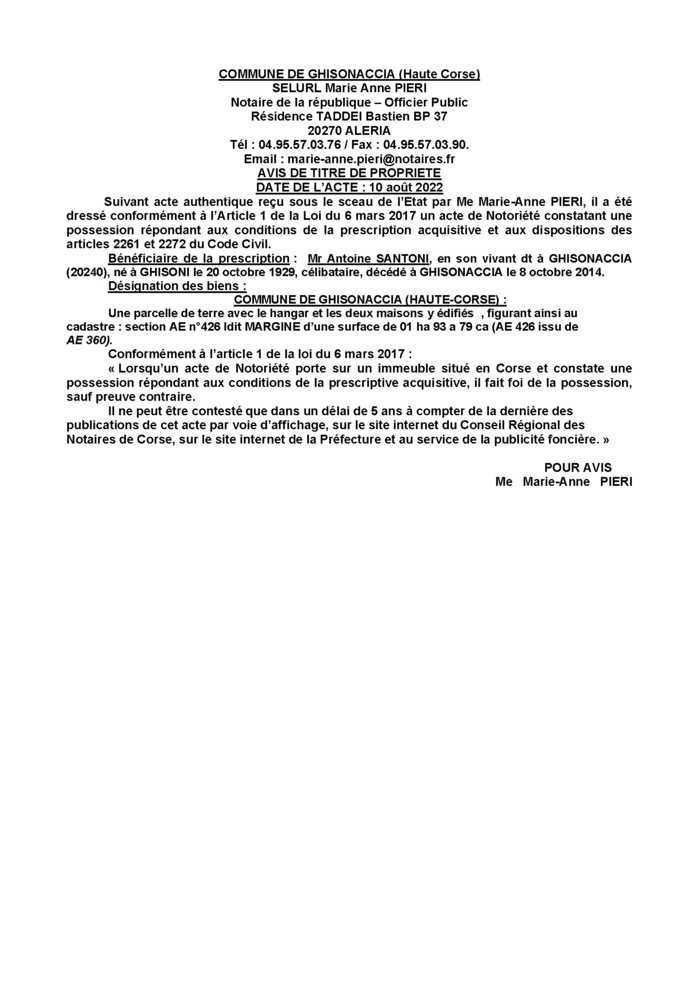 Avis de création de titre de propriété - Commune de Ghisonaccia (Haute-Corse)