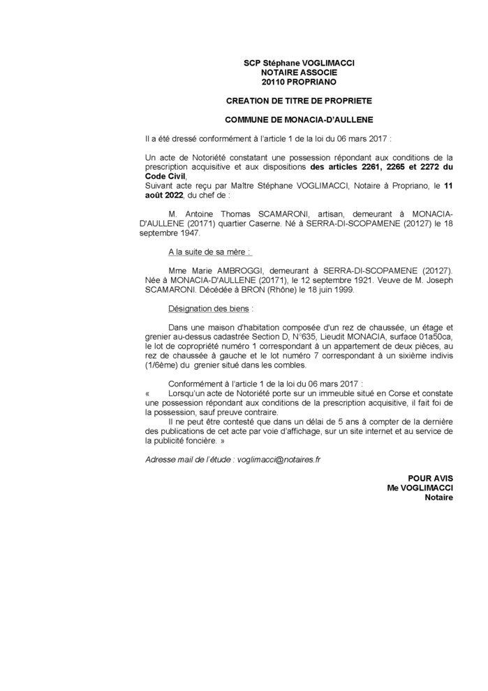 Avis de création de titre de propriété - Commune de Monacia-d'Aullène (Corse-du-Sud)