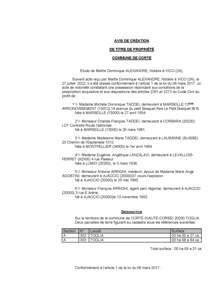 Avis de création de titre de propriété - Commune de Corte (Haute-Corse)