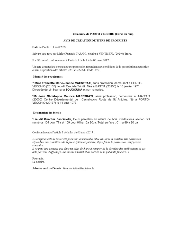 Avis de création de titre de propriété - Commune de Porto-Vecchio (Corse-du-Sud) Avis de création de titre de propriété - Commune de Porto-Vecchio (Corse-du-Sud)