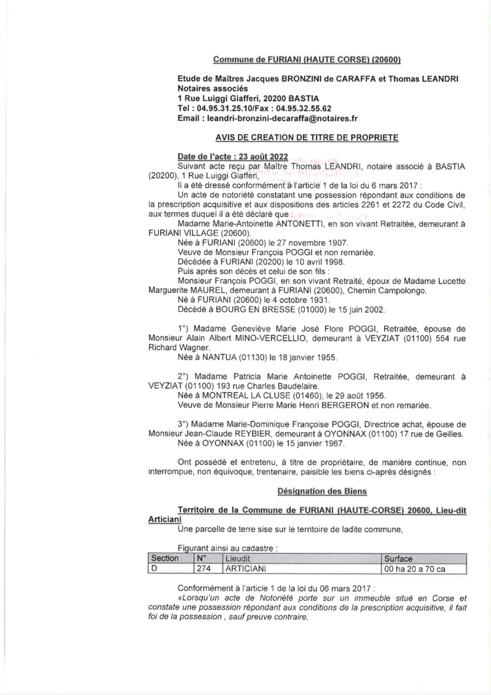 Avis de création de titre de propriété - Commune de Furiani (Haute-Corse)
