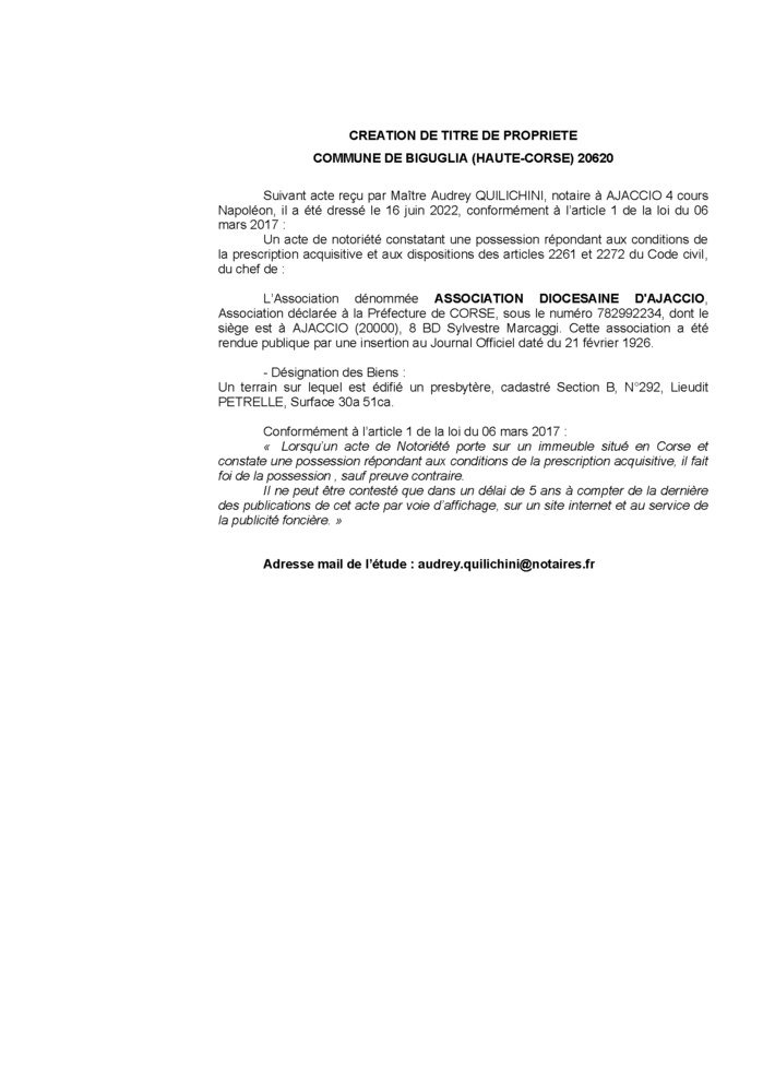 Avis de création de titre de propriété - Commune de Biguglia (Haute-Corse)
