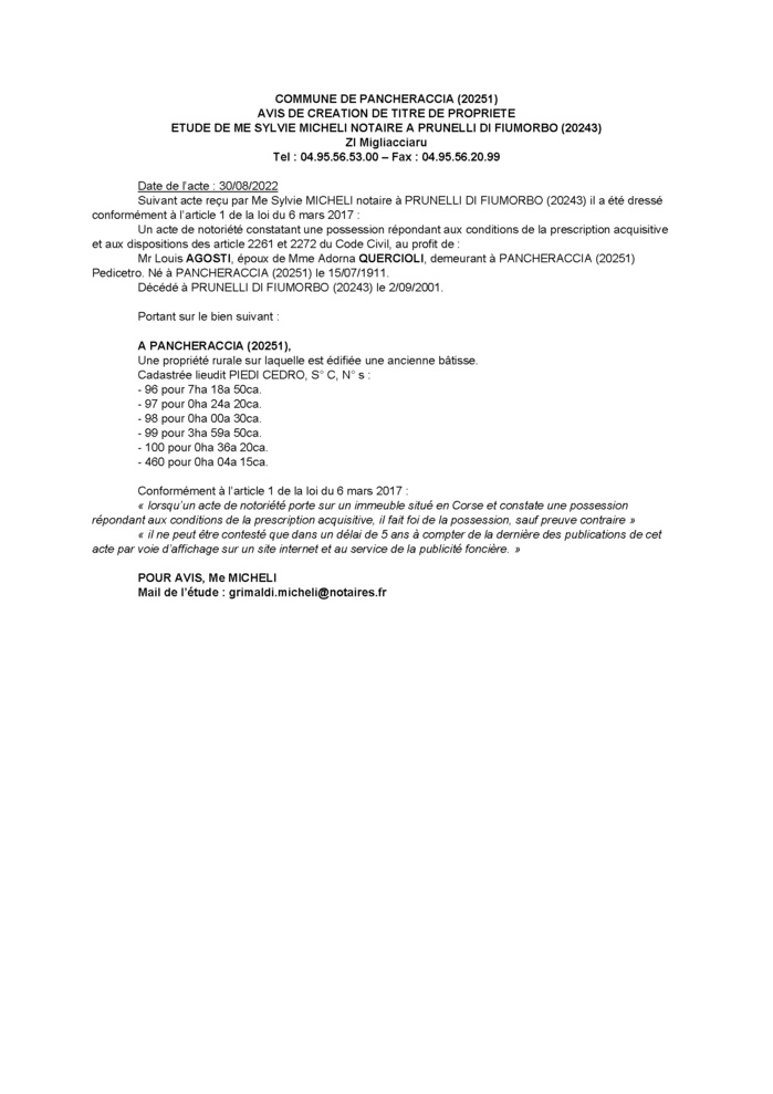 Avis de création de titre de propriété - Commune de Pancheraccia (Haute-Corse)