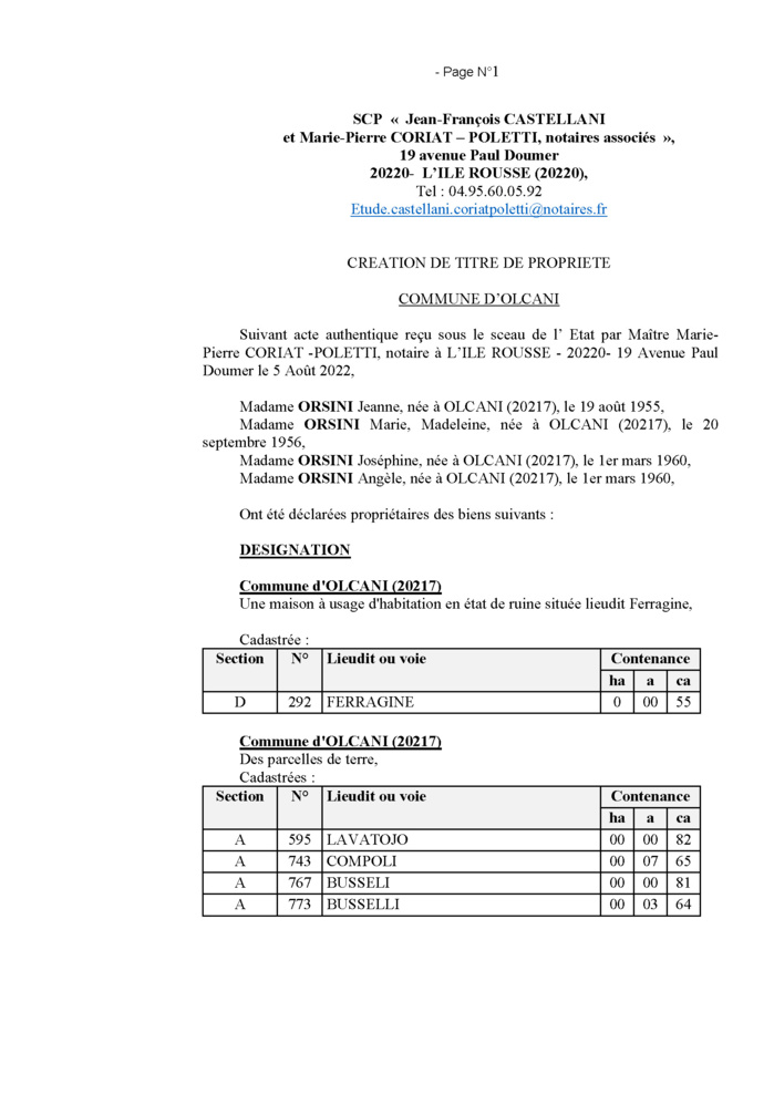 Avis de création de titre de propriété - Commune d'Olcani (Haute-Corse)