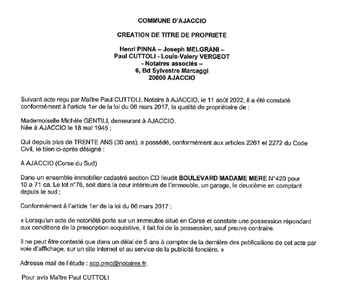 Avis de création de titre de propriété - Commune d'Ajaccio (Corse du Sud)