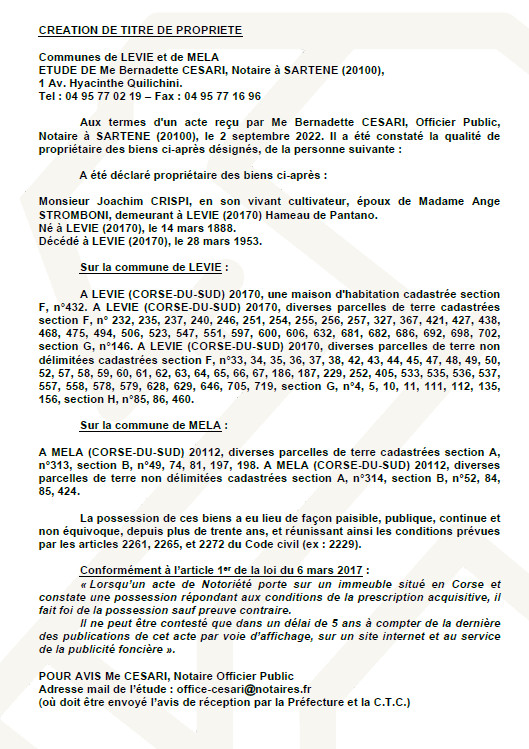 Avis de création de titre de propriété - Communes de Levie et Mela (Corse du Sud)