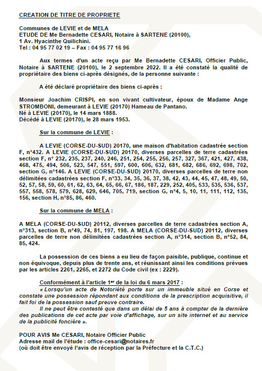 Avis de création de titre de propriété - Communes de Levie et Mela (Corse du Sud) Avis de création de titre de propriété - Communes de Levie et Mela (Corse du Sud)