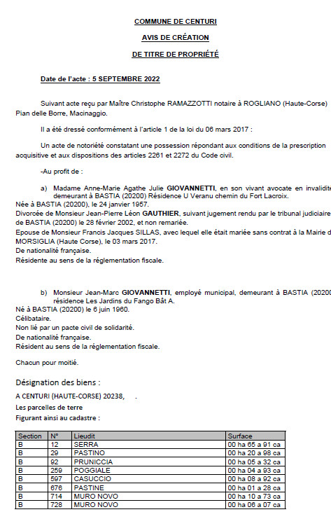 Avis de création de titre de propriété - Commune de Centuri (Haute-Corse)