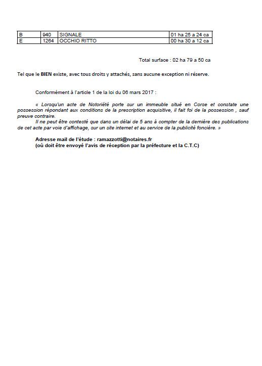Avis de création de titre de propriété - Commune de Centuri (Haute-Corse)