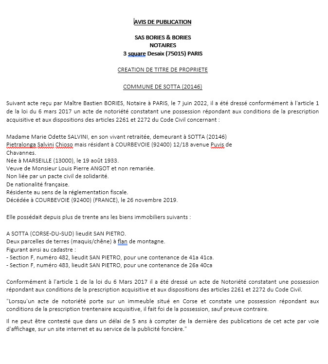Avis de création de titre de propriété - Communes de Sotta (Corse du Sud) Avis de création de titre de propriété - Communes de Sotta (Corse du Sud)