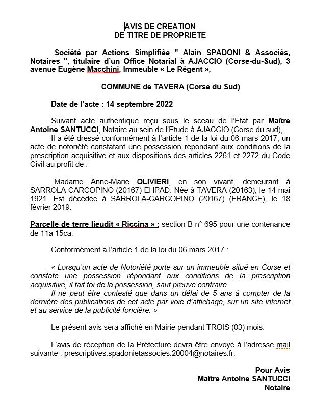 Avis de création de titre de propriété - Communes de Tavera (Corse du Sud)