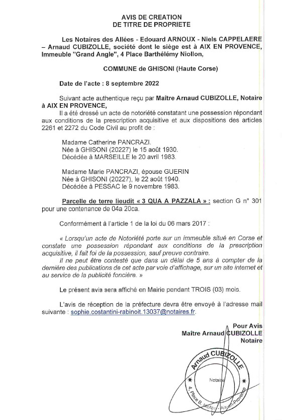 Avis de création de titre de propriété - Commune de Ghisoni (Haute-Corse) Avis de création de titre de propriété - Commune de Ghisoni (Haute-Corse)