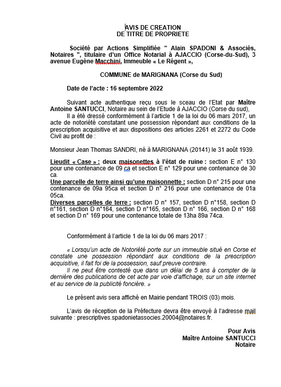 Avis de création de titre de propriété - Communes de Marignana (Corse du Sud) Avis de création de titre de propriété - Communes de Marignana (Corse du Sud)